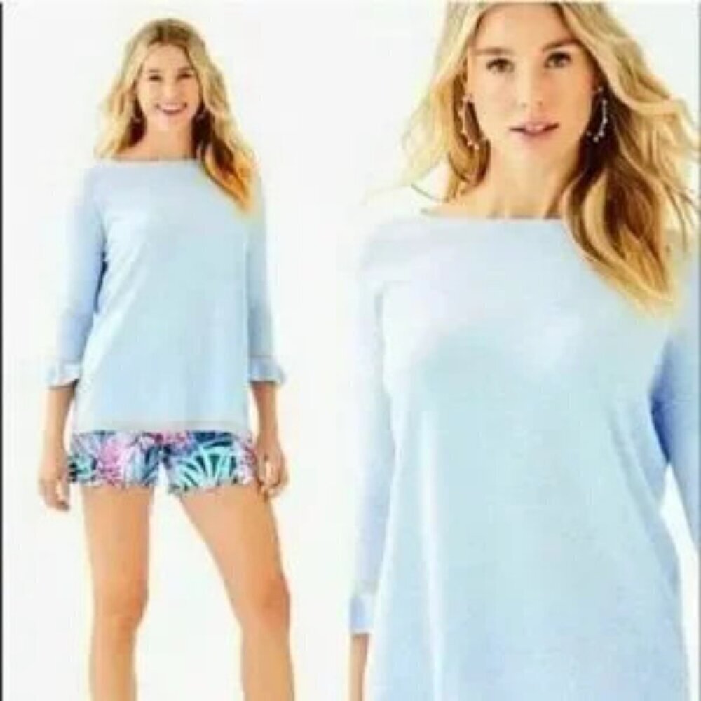 Lilly Pulitzer XS Charla Cotton Sweater Heathered Crew Blue Beachy Resort
